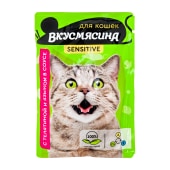 ВКУСМЯСИНА пауч для кошек с чувствительным пищеварением (ТЕЛЯТИНА, ЯЗЫК, СОУС), 85 г