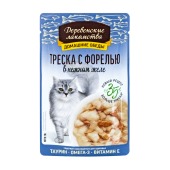 ДЕРЕВЕНСКИЕ ЛАКОМСТВА паштет в нежном желе для кошек "Домашние обеды" (ТРЕСКА, ФОРЕЛЬ), 70 г