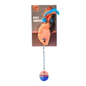 Игрушка WOGY Мышка меховая, мягкая (25/15 * 4 см) для кошек, с перьями и шариком-погремушкой, 4 см