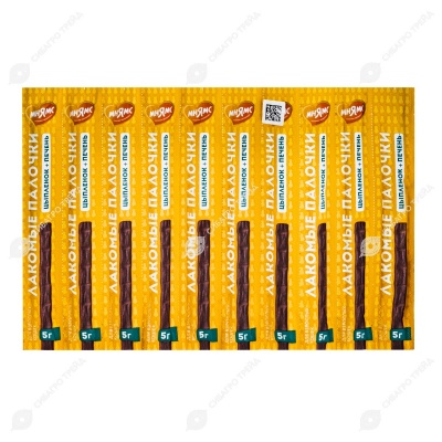 Лакомство МНЯМС лакомые палочки для кошек (ЦЫПЛЕНОК, ПЕЧЕНЬ), 10 шт по 5 г