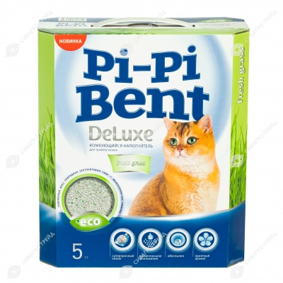 Наполнитель Pi-Pi Bent DELUXE FRESH GRASS комкующийся, коробка, 5 кг.