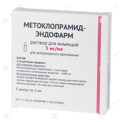 Метоклопрамид-ЭНДОФАРМ раствор для инъекций 5 мг/мл, 5 ампул по 2 мл (против тошноты)