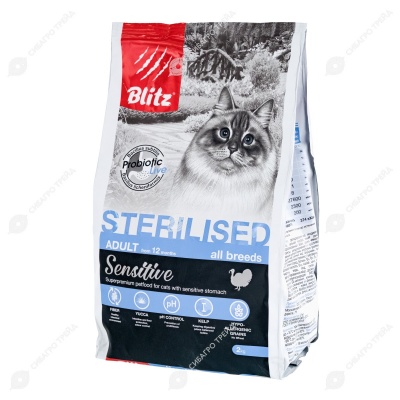 BLITZ SENSITIVE для стерилизованных кошек (ИНДЕЙКА), 2 кг.