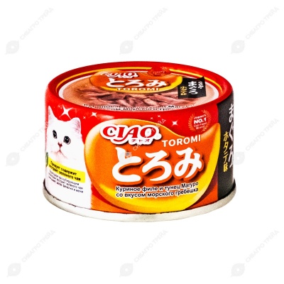 INABA Ciao Toromi консервы для кошек (КУРИЦА, ТУНЕЦ МАГУРО, ГРЕБЕШОК В БУЛЬОНЕ), 80 г