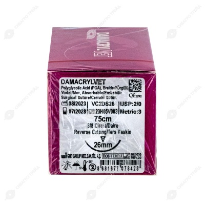 DAMACRYL (ПГА) плетеная рассасывающаяся нить (1 * 75 см, 2-0) с иглой 26 мм, 3/8, обратно-режущая, 12 шт