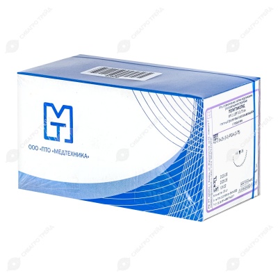 Нить PGA (ПГА), фиолетовый MP 2 (USP 3-0), 75 см 1 игла режущая, 25 мм, изгиб 1/2, 20 шт, МТ