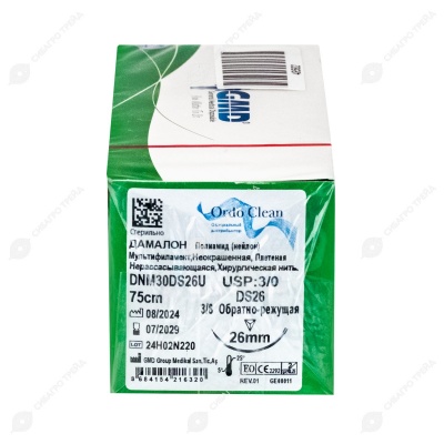 DAMALON (ПА) мультифиламентная нерассасывающаяся нить (1 * 75 см, 3-0) с иглой 26 мм, 3/8, обратно-режущая, 12 шт