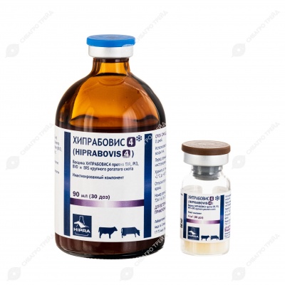 Вакцина HIPRABOVIS 4 против инфекционного ринотрахеита КРС, парагриппа 3, вирусной диарии КРС и респираторно-синтцитиальной инфекции КРС, 30 доз. HIPRA.