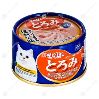 INABA Ciao Toromi Milk консервы для кошек в овсяном молоке (ТУНЕЦ МАГУРО, КУРИНОЕ ФИЛЕ, ГРЕБЕШОК), 80 г
