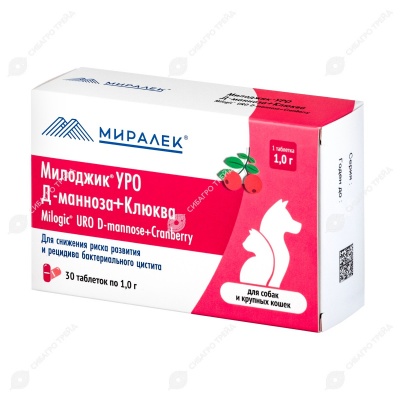 МИЛОДЖИК УРО Д-манноза+клюква для собак и крупных кошек, 30 табл по 1,0 г
