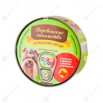ДЕРЕВЕНСКИЕ ЛАКОМСТВА консервы для собак мини-пород "Домашние обеды" (ГОВЯДИНА, ЯЗЫК, ОВОЩИ), 100 г.
