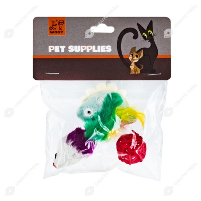 Набор игрушек WOGY Мышка с перьями, мягкая игрушка, мячик ротанг, для кошек, микс