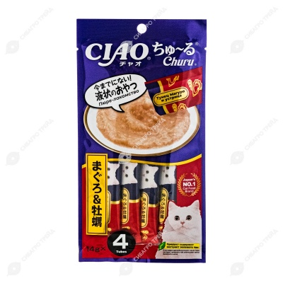 INABA Ciao Churu пюре из тунца магуро и устриц для кошек, 4 шт. по 14 г.