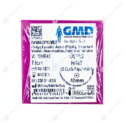 DAMACRYL (ПГА) плетеная рассасывающаяся нить (1 * 75 см, 3) с иглой 40 мм, 1/2, колющая, 12 шт