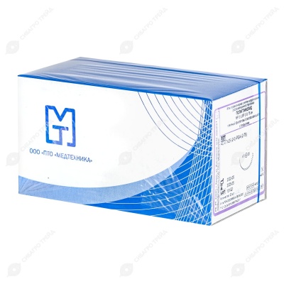 Нить PGA (ПГА), фиолетовый MP 3 (USP 2-0), 75 см 1 игла колющая, 25 мм, изгиб 1/2, 20 шт, МТ