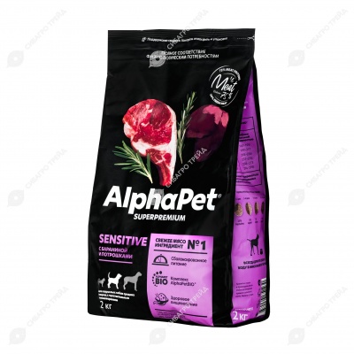 ALPHAPET для взрослых собак средних пород с чувствительным пищеварением (БАРАНИНА, ПОТРОШКИ), 2 кг.