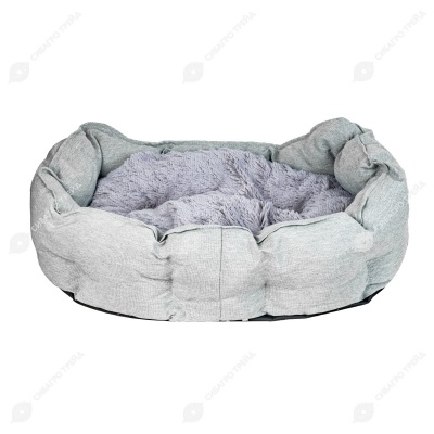 Лежак овальный пухлый FURRY LIGHT №1 с подушкой 75 * 60 * h22 см (рогожка, мех, синтепух), серый