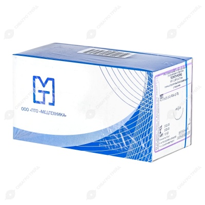 Нить PGA (ПГА), фиолетовый MP 2 (USP 3-0), 75 см 1 игла колющая, 25 мм, изгиб 1/2, 20 шт, МТ