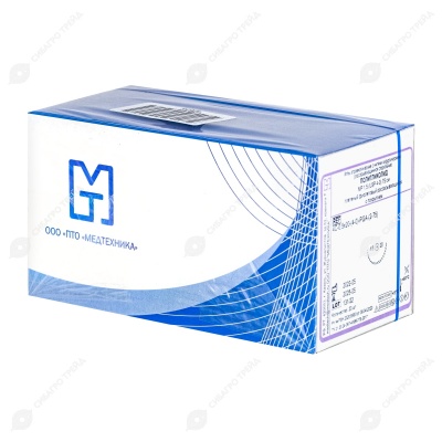 Нить PGA (ПГА), фиолетовый MP 1,5 (USP 4-0), 75 см 1 игла колющая, 20 мм, изгиб 1/2, 20 шт, МТ