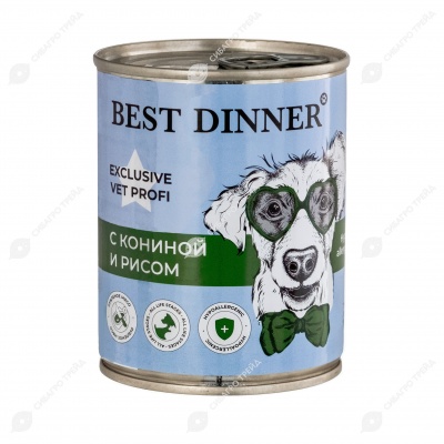 BEST DINNER VET PROFI консервы для профилактики пищевой аллергии у взрослых собак и щенков (КОНИНА, РИС), 340 г.