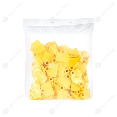 Бирка двойная СКС (35 * 32 мм) жёлтая без номера (под щипцы СКС без иглы), 200 шт