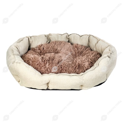 Лежак овальный пухлый FURRY LIGHT №1 с подушкой 75 * 60 * h22 см (рогожка, мех, синтепух), бежевый