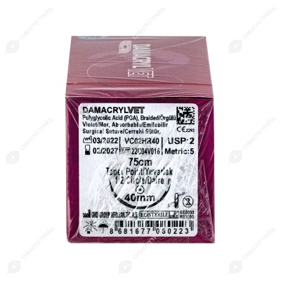 DAMACRYL (ПГА) плетеная рассасывающаяся нить (1 * 75 см, 2) с иглой 40 мм, 1/2, колющая, 12 шт